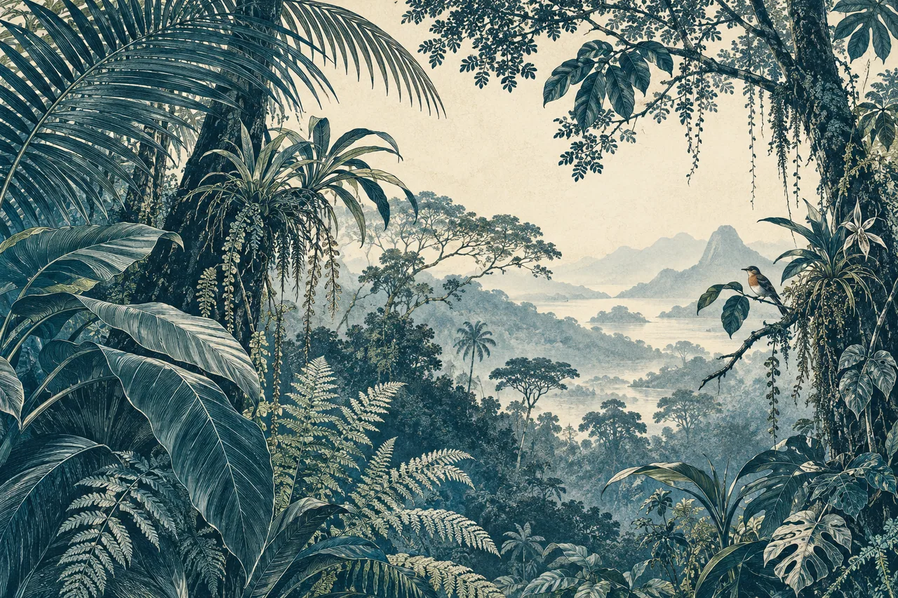 Ilustração autoral de vegetação tropical, criada com IA. Paisagem imaginária.