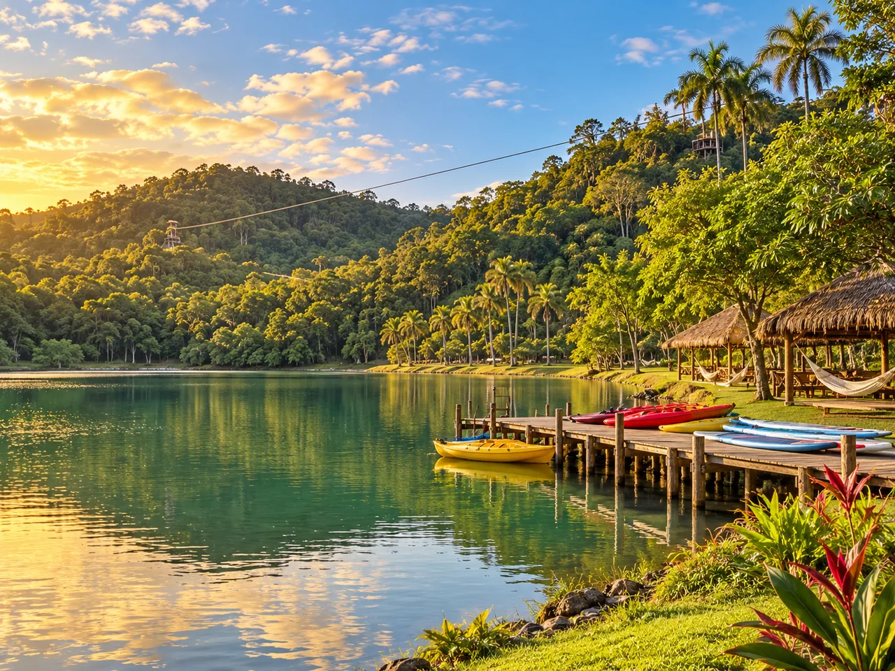 Lago sereno cercado por Mata Atlântica na Fazenda Mãe Tereza, em Santa Cruz Cabrália, com píer de madeira, caiaques e tirolesa ao entardecer.