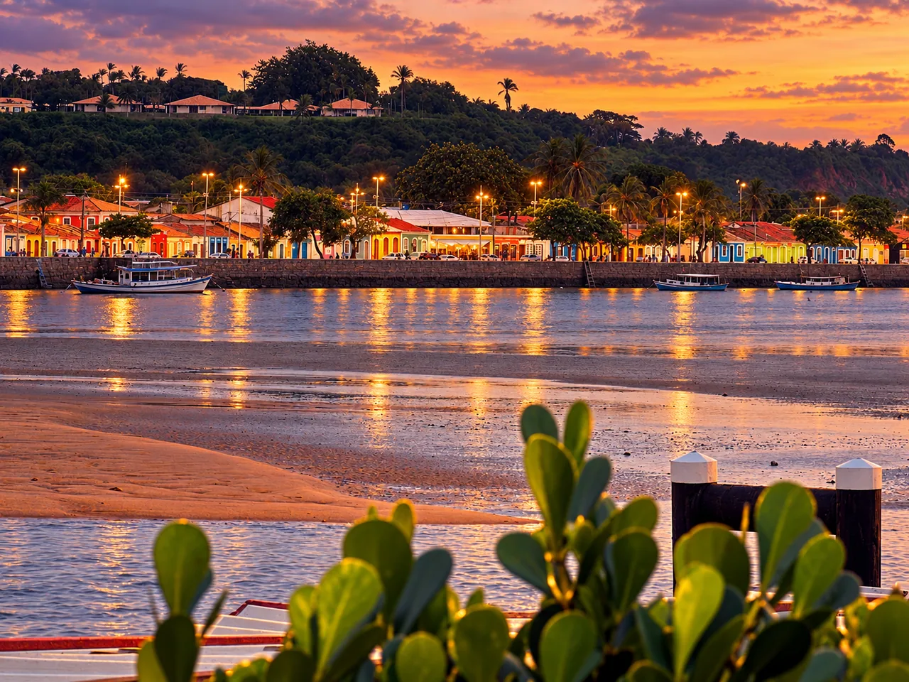 Casario colonial colorido iluminado ao entardecer na Passarela da Cultura, às margens do Rio Buranhém, em Porto Seguro.